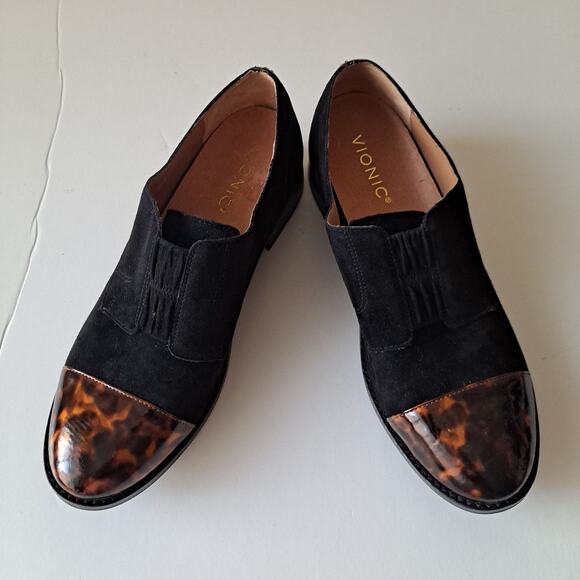Vionic Jayla Black Suede Tortoise Shell Cap Toe Derby Flats Loafers Women Size 8 - Picture 5 of 10
